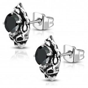 Šperky eshop - Oceľové náušnice - patinovaná lebka s čiernym brúseným zirkónom AA08.11