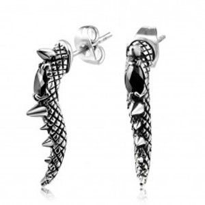 Šperky eshop - Oceľové náušnice - patinovaný chvost draka s ostňami a čiernym zirkónom S28.16