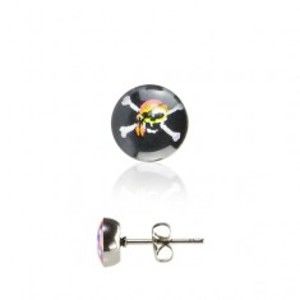 Šperky eshop - Oceľové náušnice - pirátska lebka na čiernom kruhu AA01.23
