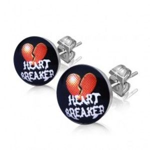 Šperky eshop - Oceľové náušnice - rozpolené srdce, nápis "HEART BREAKER" AA16.03