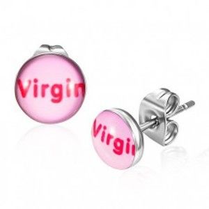 Šperky eshop - Oceľové náušnice - ružové s nápisom Virgin K9.11