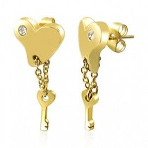 Šperky eshop - Oceľové náušnice - srdce v zlatej farbe s kľúčom na retiazke R13.9