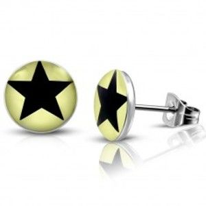 Šperky eshop - Oceľové náušnice - svetložlté krúžky s čiernou hviezdičkou, puzetky G8.26