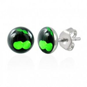 Šperky eshop - Oceľové náušnice - zelené čerešničky na čiernom podklade SP42.26
