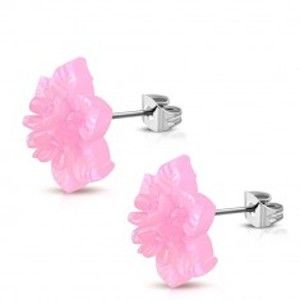Šperky eshop - Oceľové náušnice - živicový kvet ružovej farby s dúhovými odleskami SP94.18