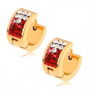 Šperky eshop - Oceľové náušnice - zlatá farba, červený pás s čírymi a červenými zirkónmi S84.04