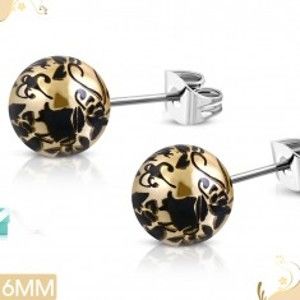 Šperky eshop - Oceľové náušnice, akrylové guličky zlatohnedej farby s čiernymi kvetmi AA19.27