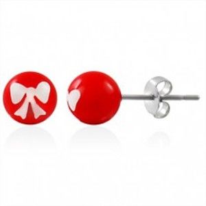 Šperky eshop - Oceľové náušnice, červená gulička s bielou mašličkou, puzetové zapínanie AB27.13