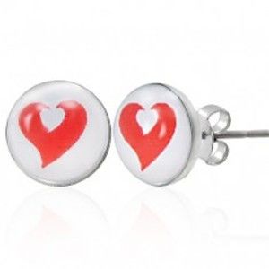Šperky eshop - Oceľové náušnice červené a biele srdce  G11.16