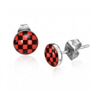 Šperky eshop - Oceľové náušnice, červeno-čierny šachovnicový vzor AB25.11