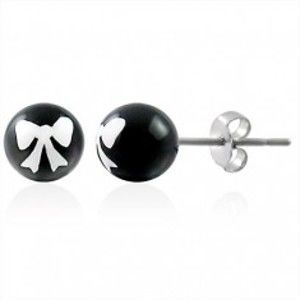 Šperky eshop - Oceľové náušnice, čierna gulička s bielou mašličkou, puzetové zapínanie AB27.11