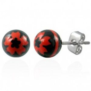 Šperky eshop - Oceľové náušnice čierne guličky - znak červený kvet M18.19