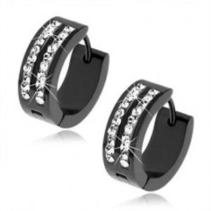 Šperky eshop - Oceľové náušnice čiernej farby, dva zvislé pásiky s čírymi kamienkami S84.15