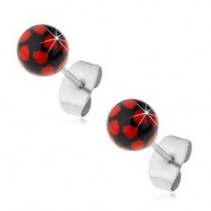 Šperky eshop - Oceľové náušnice, čierno-červené guličky, puzetové zapínanie AB27.14