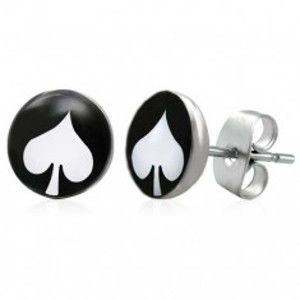 Šperky eshop - Oceľové náušnice, čierny kruh s bielou kartovou pikou G12.14