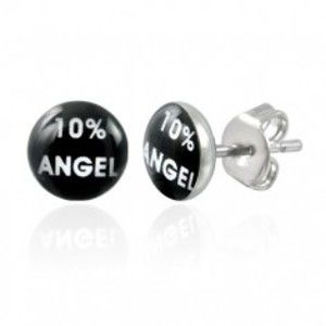 Šperky eshop - Oceľové náušnice, čierny kruh s bielym nápisom 10% ANGEL X08.04