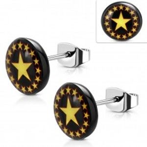 Šperky eshop - Oceľové náušnice, čierny kruh so žlto-červenými hviezdami, puzetky X04.15