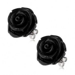 Šperky eshop - Oceľové náušnice, čierny živicový kvet ruže, puzetové zapínanie, 20 mm S84.10