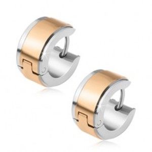 Šperky eshop - Oceľové náušnice, kruhy striebornej farby s pásom zlatej farby S50.26