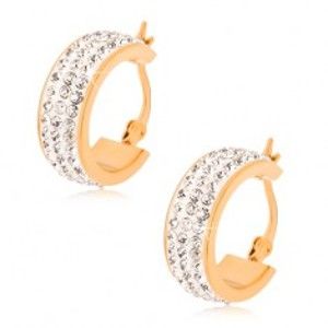 Šperky eshop - Oceľové náušnice, kruhy zlatej farby so zirkónovým stredovým pásom S27.20