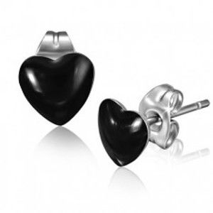 Šperky eshop - Oceľové náušnice, lesklé symetrické srdcia čiernej farby S39.10