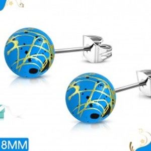 Šperky eshop - Oceľové náušnice, modré akrylové guličky s farebnými líniami a škvrnami AA24.23