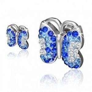 Šperky eshop - Oceľové náušnice, motýľ s modrými a čírymi kamienkami S29.11