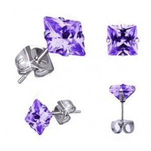 Šperky eshop - Oceľové náušnice, puzetky, štvorcový zirkón tanzanitovej farby AB17.08 - Veľkosť zirkónu: 6 mm