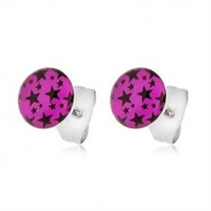 Šperky eshop - Oceľové náušnice, ružové kolieska s potlačou čiernych hviezdičiek SP58.29