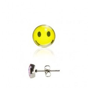 Šperky eshop - Oceľové náušnice s puzetkou, glazúrovaná hlavička, žltý usmievavý smajlík SP48.19