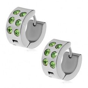Šperky eshop - Oceľové náušnice striebornej farby - obruče so zelenými zirkónmi X06.08