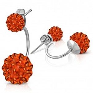 Šperky eshop - Oceľové náušnice striebornej farby, dve Shamballa guľôčky s oranžovými zirkónmi AA18.28