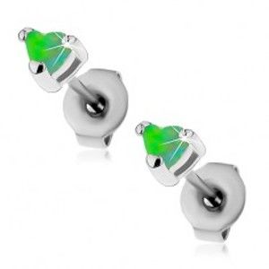 Šperky eshop - Oceľové náušnice striebornej farby, syntetické opálové srdiečka zelenej farby, 3 mm AC22.11