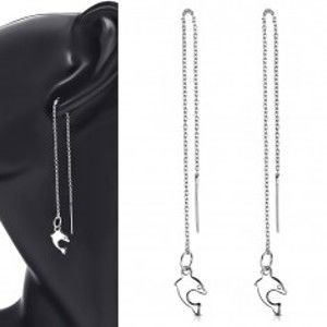 Šperky eshop - Oceľové náušnice striebornej farby, tenká retiazka s visiacim delfínom AA14.18