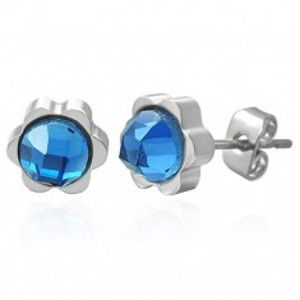 Šperky eshop - Oceľové náušnice v podobe kvetu s veľkým brúseným zirkónom modrej farby X02.11