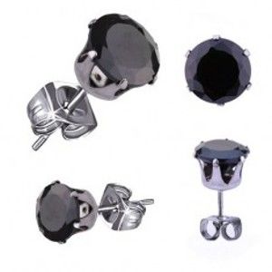 Šperky eshop - Oceľové náušnice v striebornom odtieni, čierny okrúhly zirkón, 5 mm AB11.09