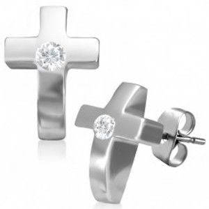 Šperky eshop - Oceľové náušnice v tvare krížika so zirkónom AA26.11