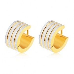 Šperky eshop - Oceľové náušnice zlatej a striebornej farby, zvislé pásy s ryhovaným povrchom SP58.26