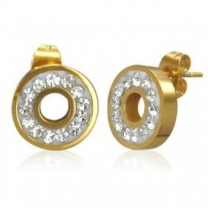 Šperky eshop - Oceľové náušnice zlatej farby - krúžok vykladaný ligotavými čírymi zirkónmi X09.12