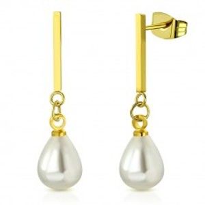 Šperky eshop - Oceľové náušnice zlatej farby - lesklá palička s oválnou syntetickou perlou AA15.11