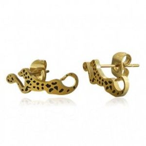 Šperky eshop - Oceľové náušnice zlatej farby - ležiaci leopard s čiernymi škvrnami AA04.23