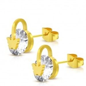 Šperky eshop - Oceľové náušnice zlatej farby - ligotavý okrúhly zirkón, motýlik a krúžok SP95.10