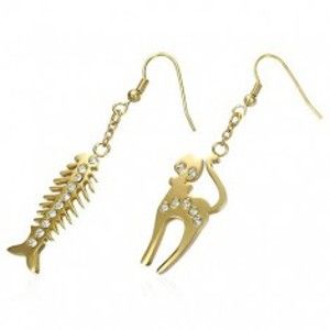 Šperky eshop - Oceľové náušnice zlatej farby - mačka a rybacia kosť, číre zirkóniky X09.17