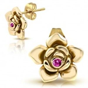 Šperky eshop - Oceľové náušnice zlatej farby - ozdobne vyrezávaná ruža v rozkvete, ružový zirkón W24.06