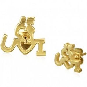 Šperky eshop - Oceľové náušnice zlatej farby - zaľúbený párik s vyznaním lásky, puzetky X28.3