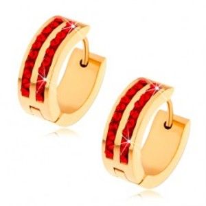 Šperky eshop - Oceľové náušnice zlatej farby, dve zvislé línie rubínovo červených zirkónov S81.15