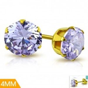 Šperky eshop - Oceľové náušnice zlatej farby, fialový zirkón v ozdobnom kotlíku, 4 mm SP29.11