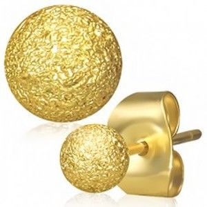 Šperky eshop - Oceľové náušnice zlatej farby, guličky s pieskovaným povrchom, puzetky SP48.11