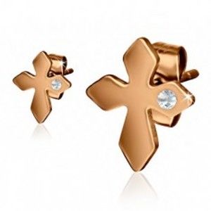 Šperky eshop - Oceľové náušnice zlatej farby, kríž s čírym kamienkom S28.27
