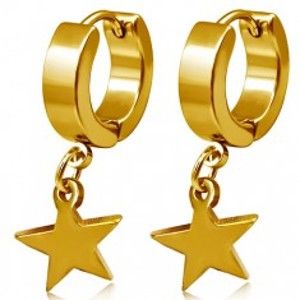 Šperky eshop - Oceľové náušnice zlatej farby, kruhy a visiaca hviezda S36.15